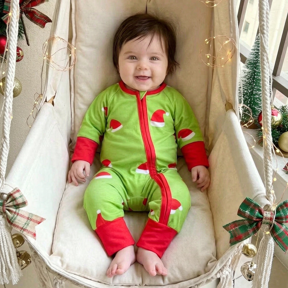 Lovely Santa Hat Printed Color Block Long Sleeve Zipper Baby Jumpsuit