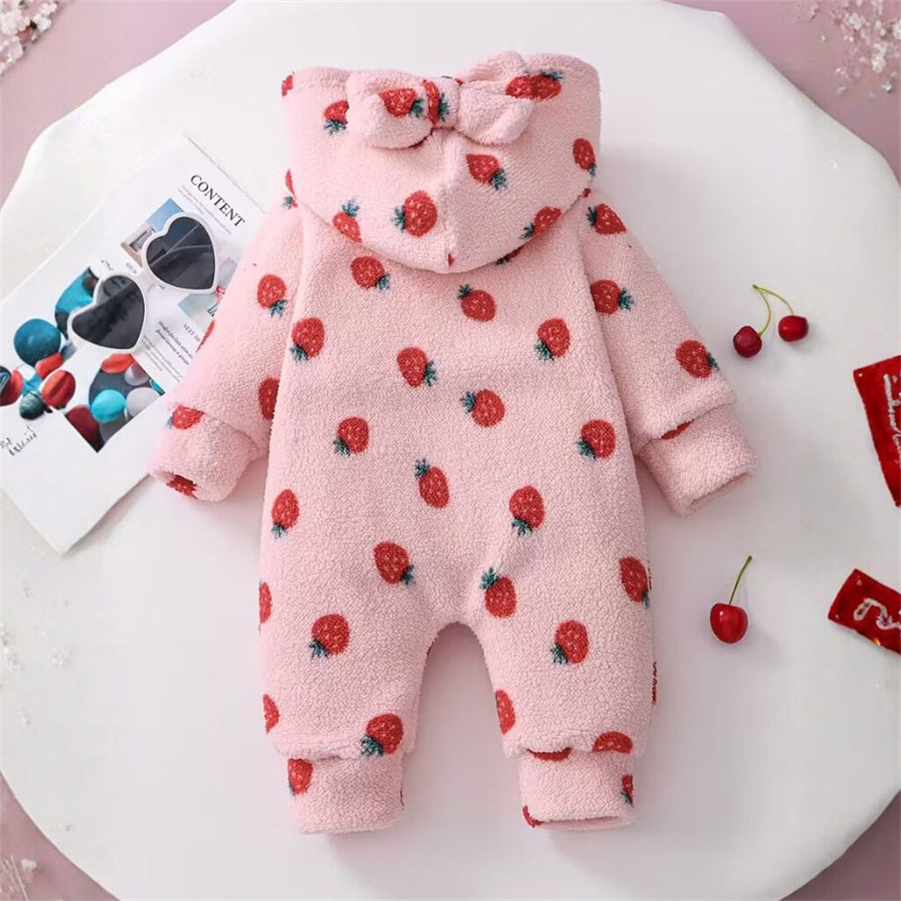 Sweet Strawberry Print Long Sleeve Plush Baby Jumpsuit