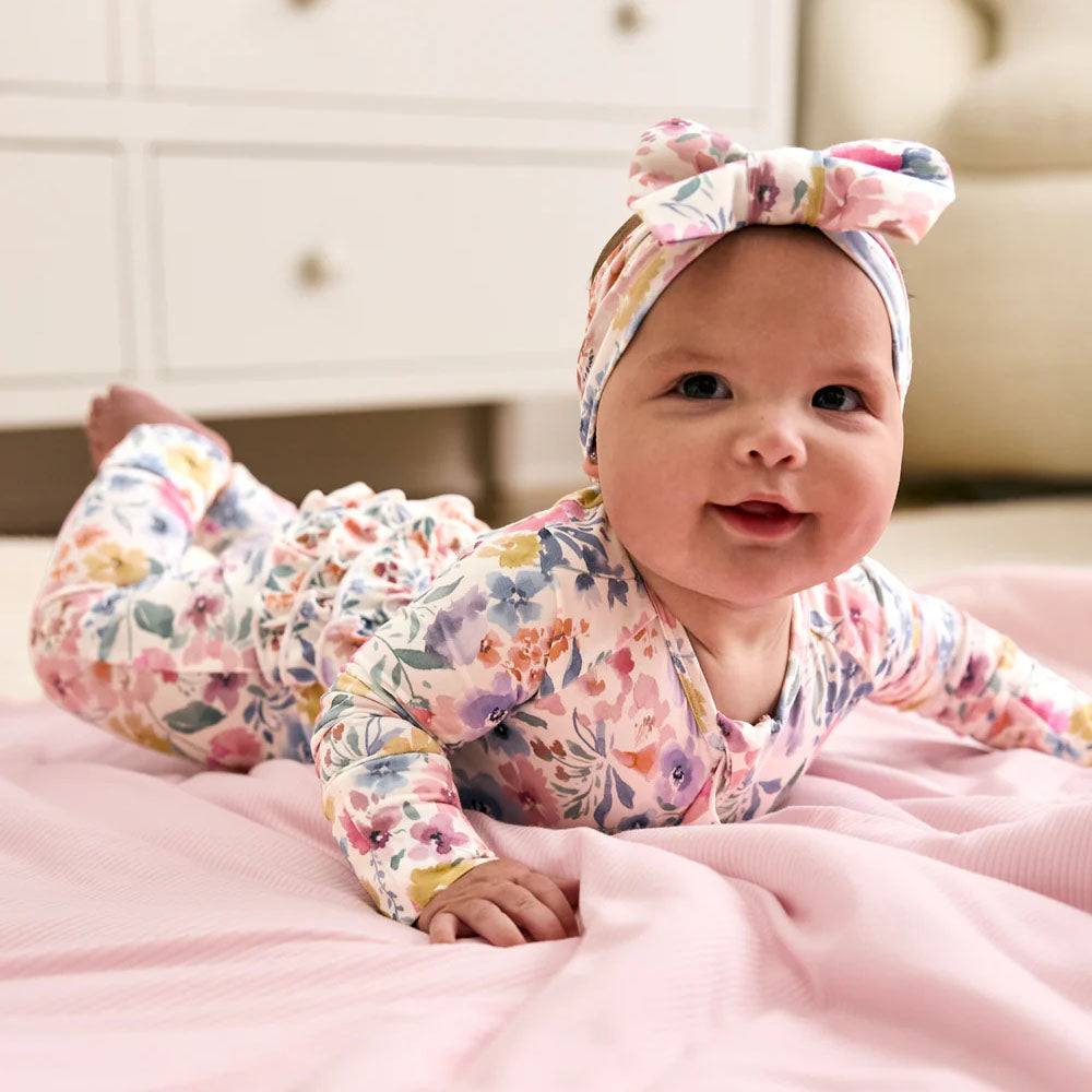 Allover Floral Print Ruffle Zipper Long Sleeve Baby Jumpsuit