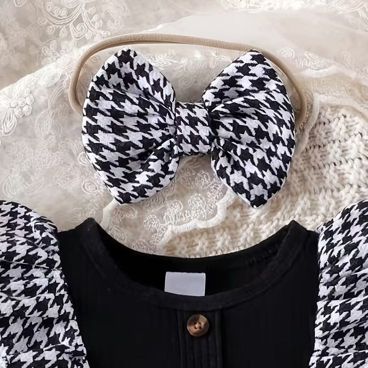 2PCS Lovely Houndstooth Printed Baby Romper