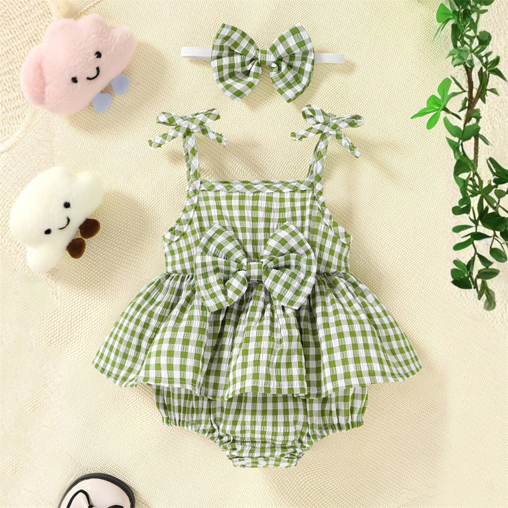 2PCS Trend Plaid Printed Bow Strappy Baby Romper