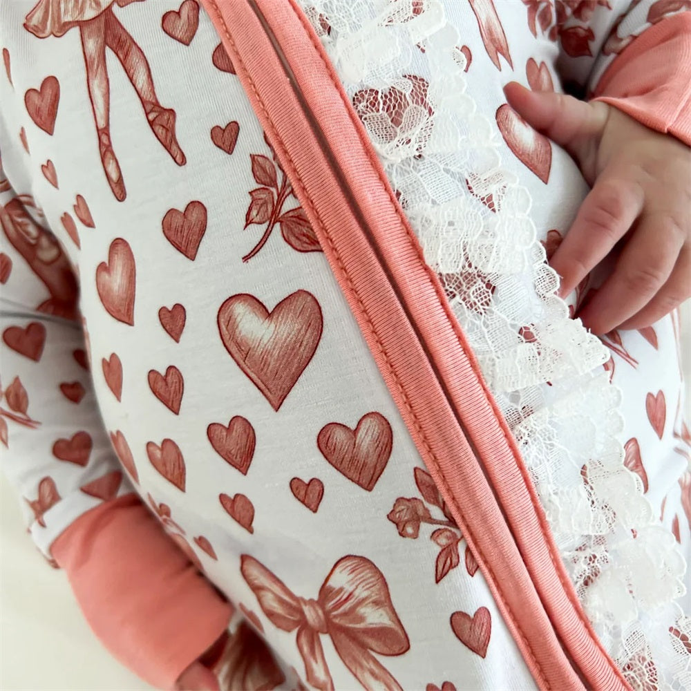 Casual Heart Ballerina Print Lace Trim Long Sleeve Baby Jumpsuit