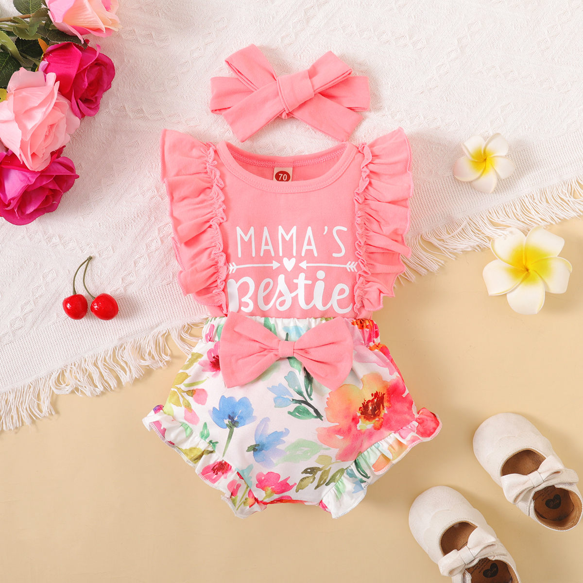 3PCS Mama's Bestie Letter Printed Baby Romper Set