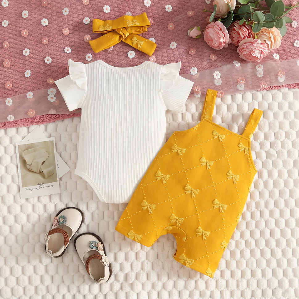 3PCS Heart Appliqué & Bow Embroidery Short Sleeve Overalls Baby Set