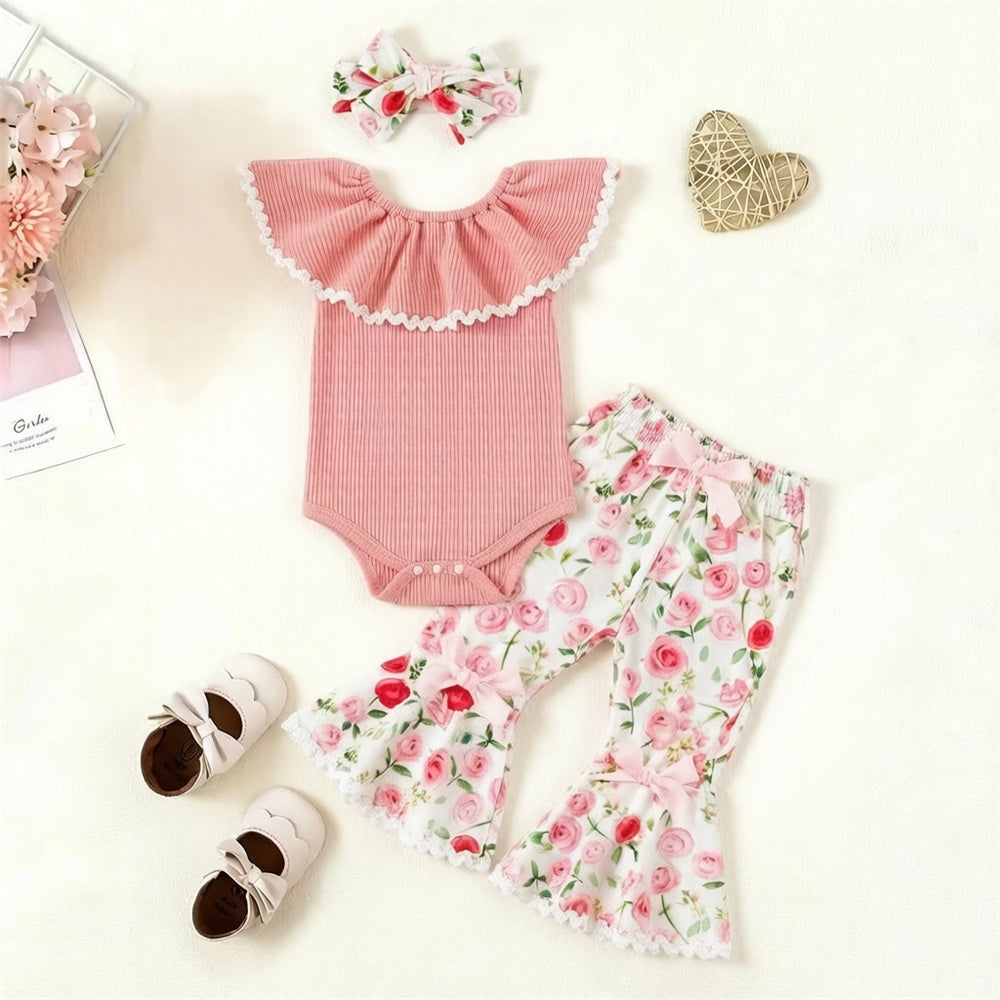 3PCS Pretty Floral Print Flutter Sleeve Baby Set