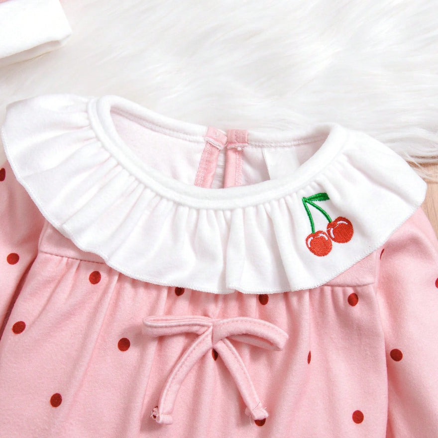 2PCS Cherry Polka Dot Printed Baby Jumpsuit