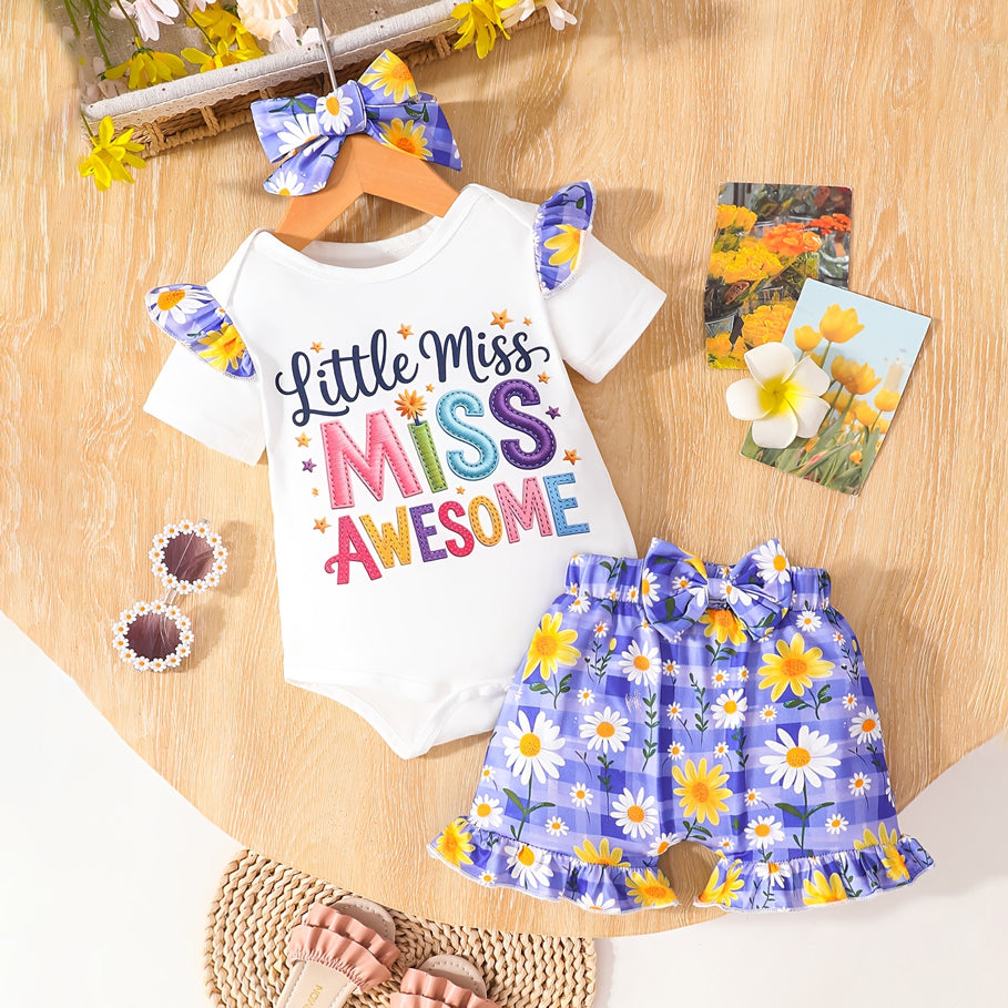 3PCS Miss Awesome Letter Daisy & Plaid Print Short Sleeve Baby Set