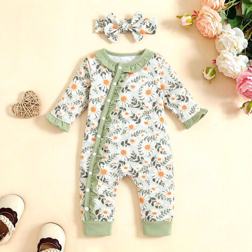 2PCS Cottagecore Daisy Print Ruffle Long Sleeve Baby Jumpsuit