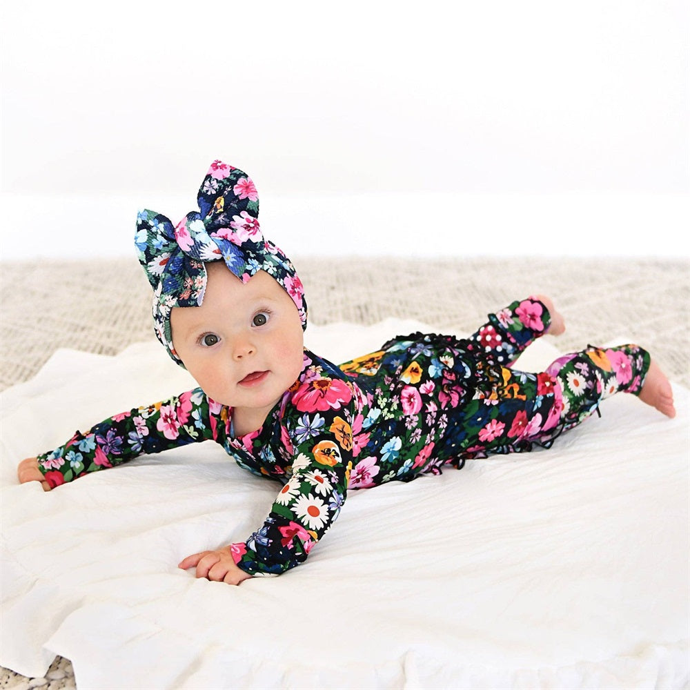 2PCS Allover Floral Print Ruffle Long Sleeve Baby Jumpsuit
