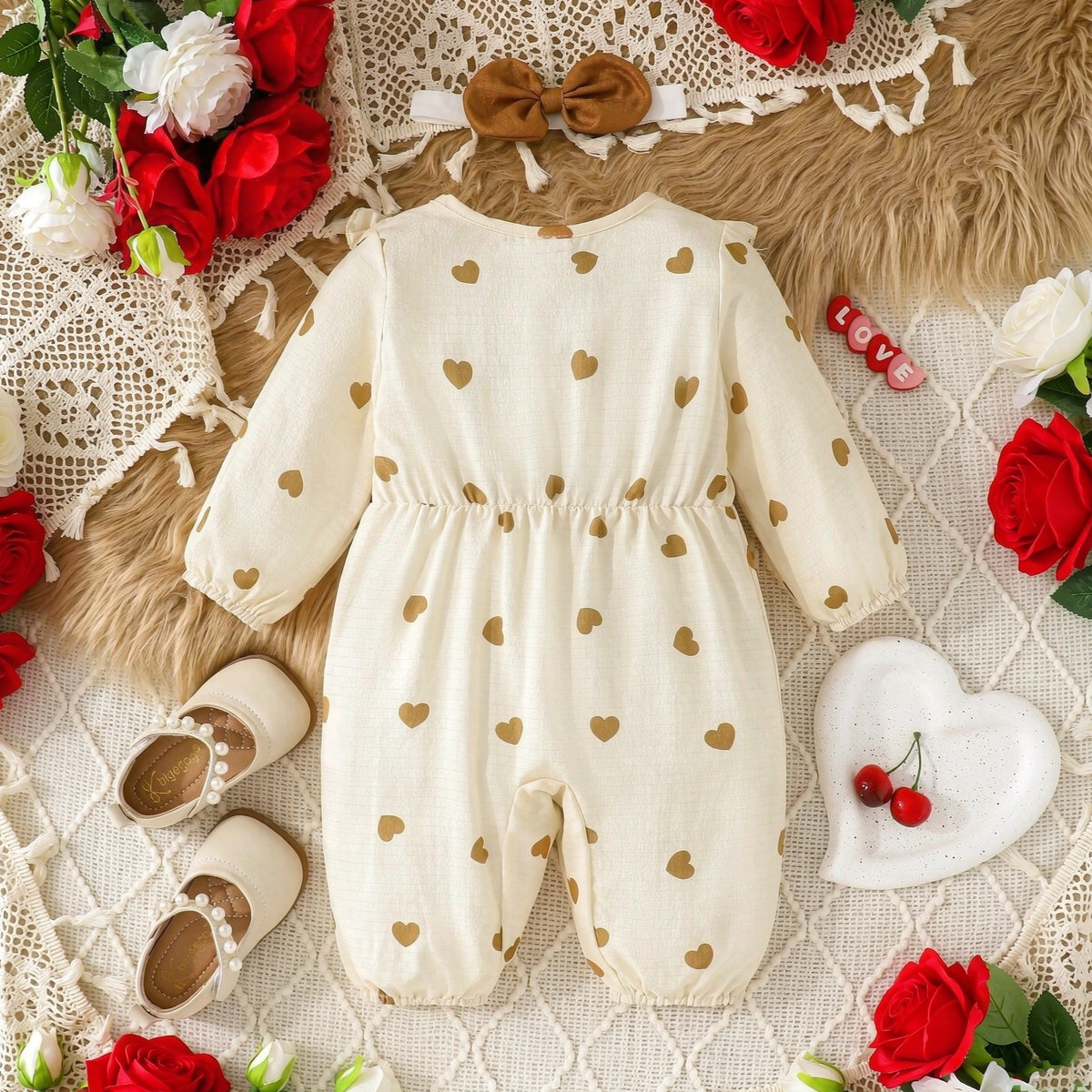 2PCS Delightful Heart Print Ruffle Long Sleeve Baby Girl Jumpsuit