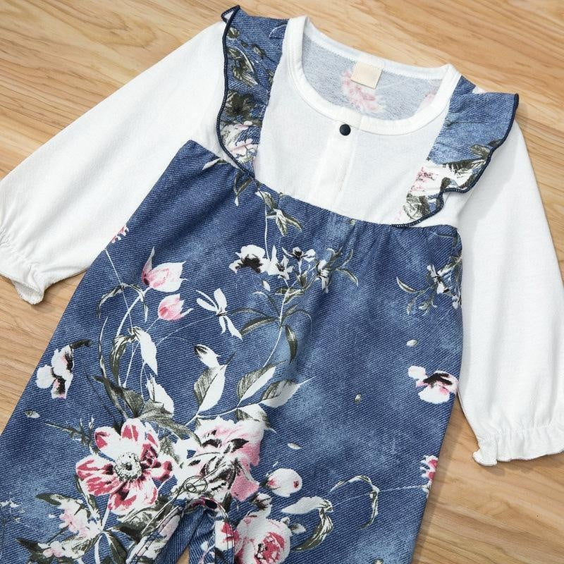 Vintage Baby Girl Floral Print Faux Two Piece Long Sleeve Jumpsuit