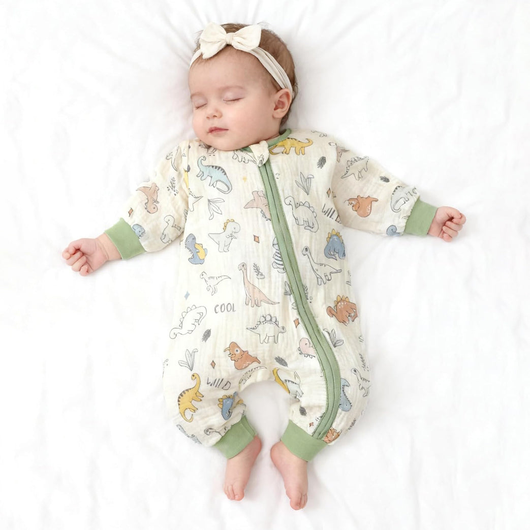 Cartoon Dinosaur Print Long Sleeve Zipper Baby Jumpsuit