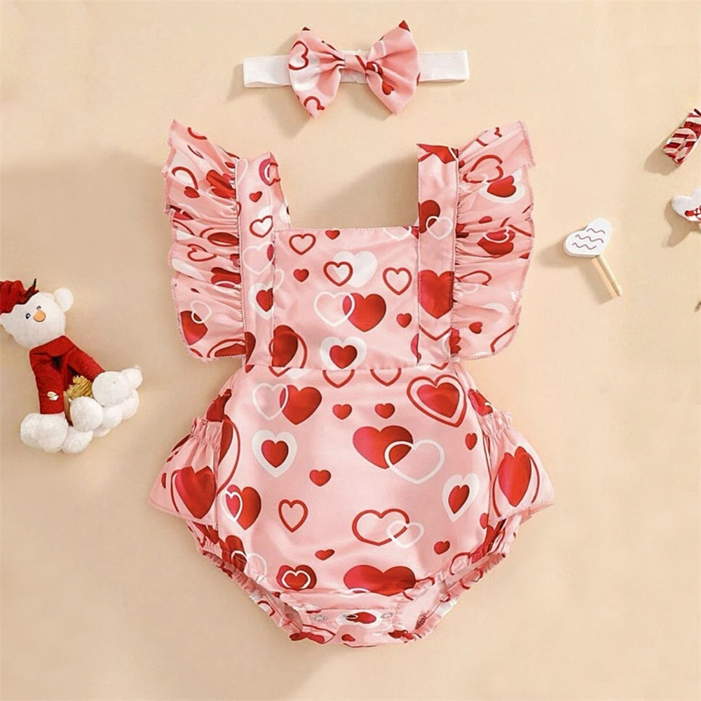 2PCS Lovely Heart Printed Sleeveless Baby Romper
