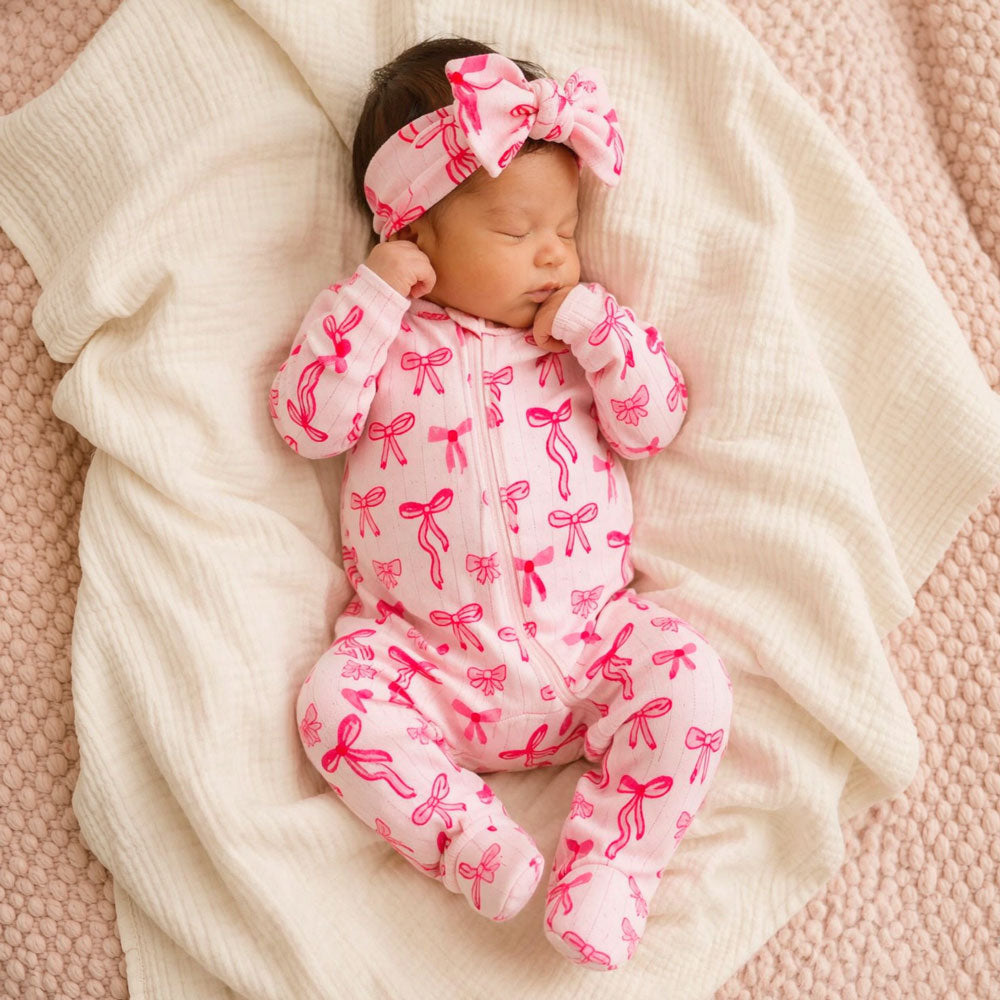 2PCS Cute Bow Printed Long Sleeve Zipper Baby Girl Jumpsuit