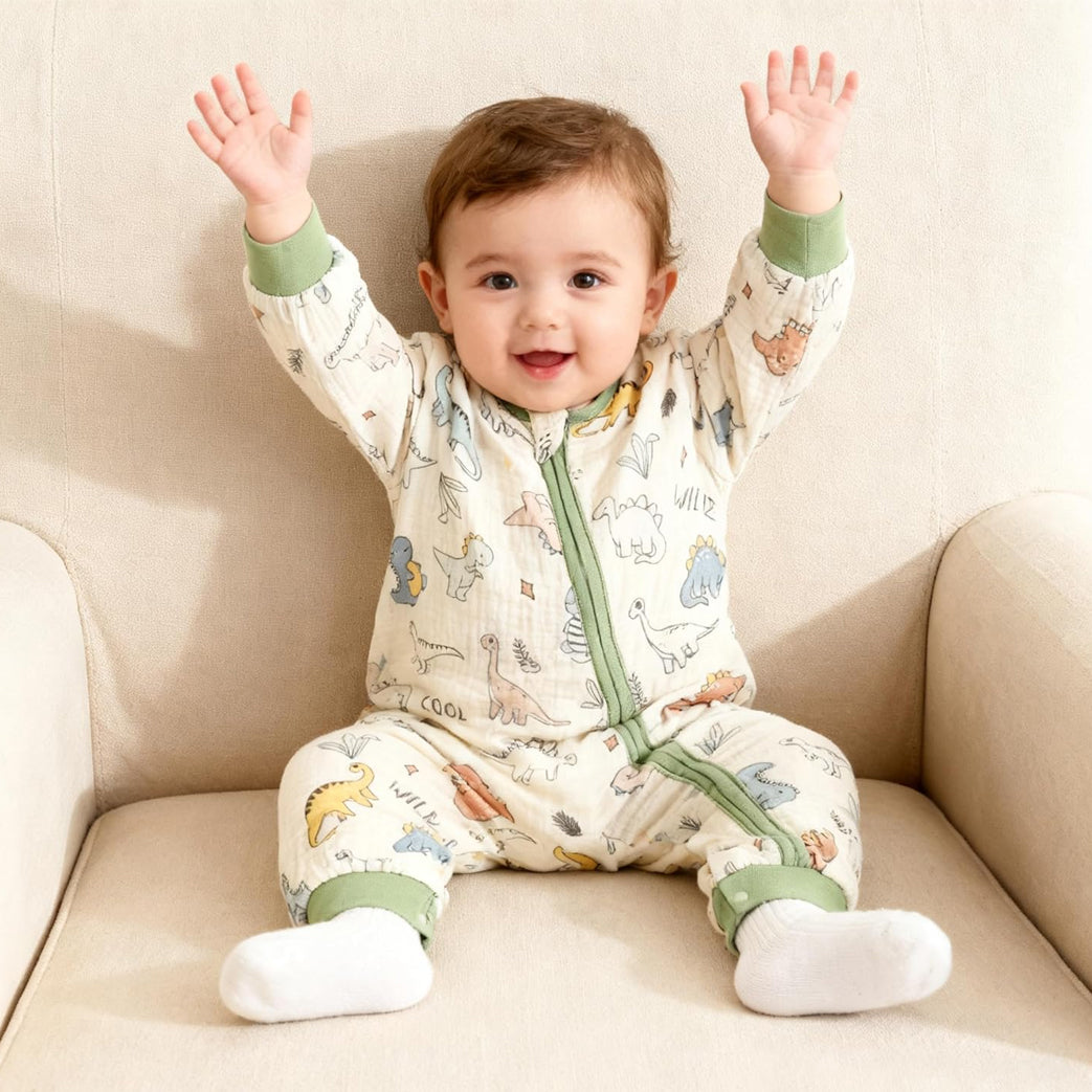 Cartoon Dinosaur Print Long Sleeve Zipper Baby Jumpsuit