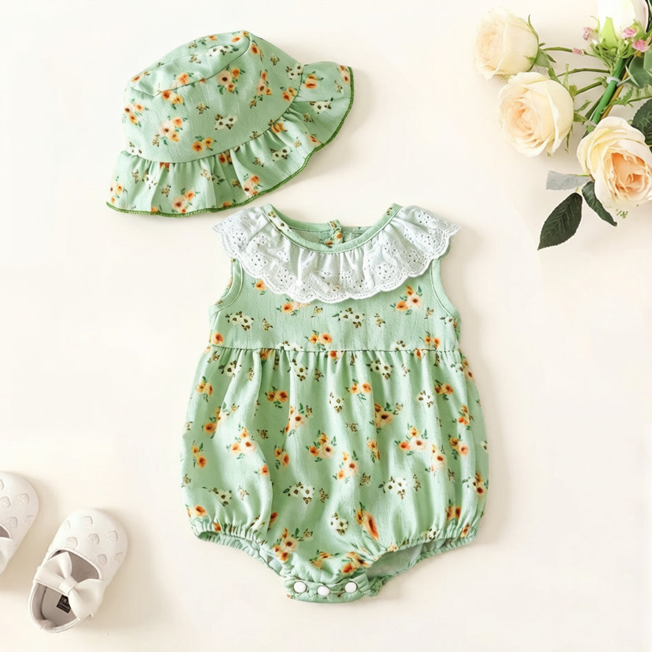 2PCS Sweet Floral Print Sleeveless Baby Girl Romper