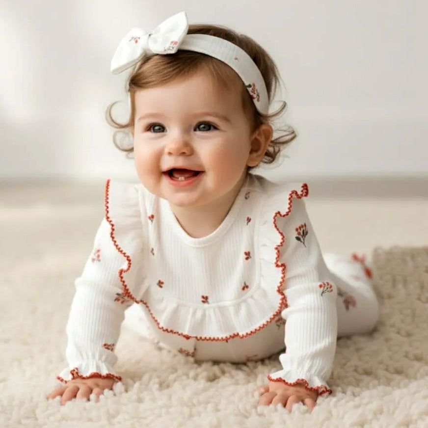 2PCS Sweet Floral Print Ruffled Collar Long Sleeve Baby Jumpsuit