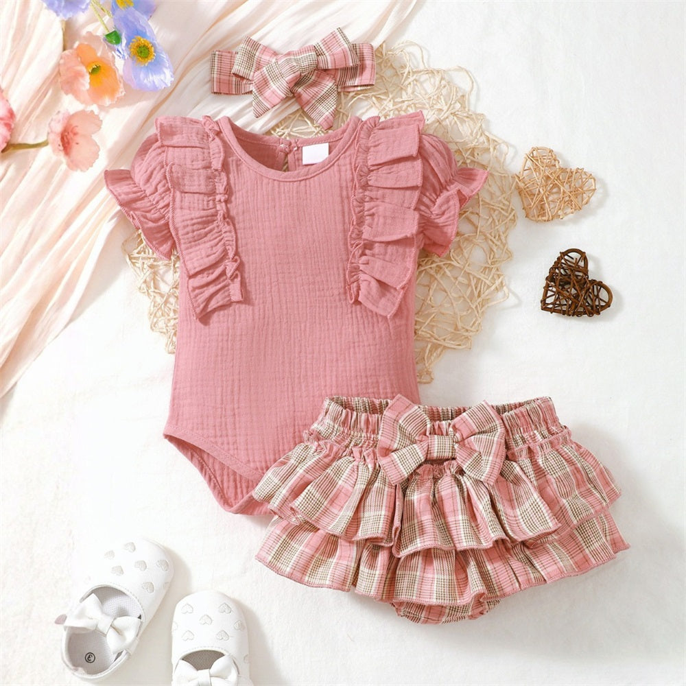 3PCS Sweet Plaid Print Ruffle Short Sleeve Baby Set