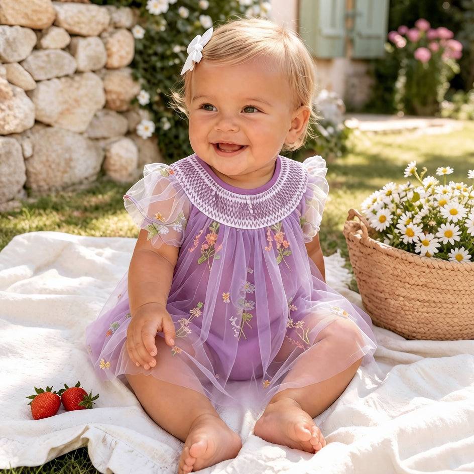 Graceful Floral Embroidery Short Sleeve Mesh Baby Romper