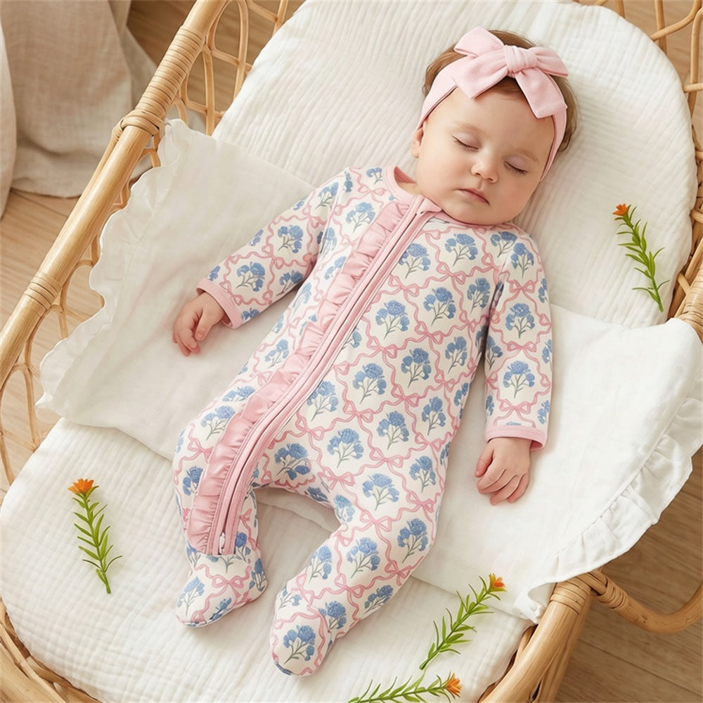 2PCS Adorable Floral Print Ruffle Zipper Long Sleeve Baby Jumpsuit