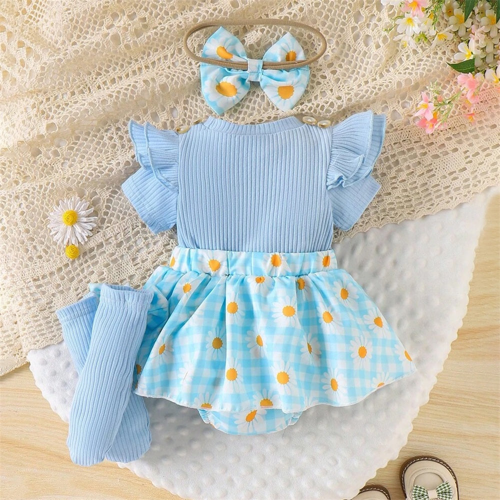 3PCS Trend Floral Printed Plaid Short Sleeve Baby Romper