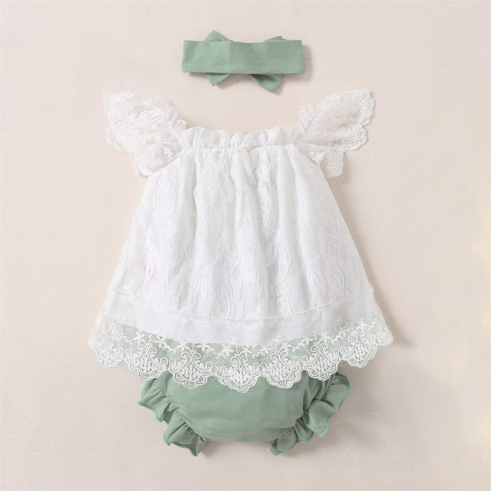 3PCS Contrast Lace Top and Frill Hem Shorts Baby Set