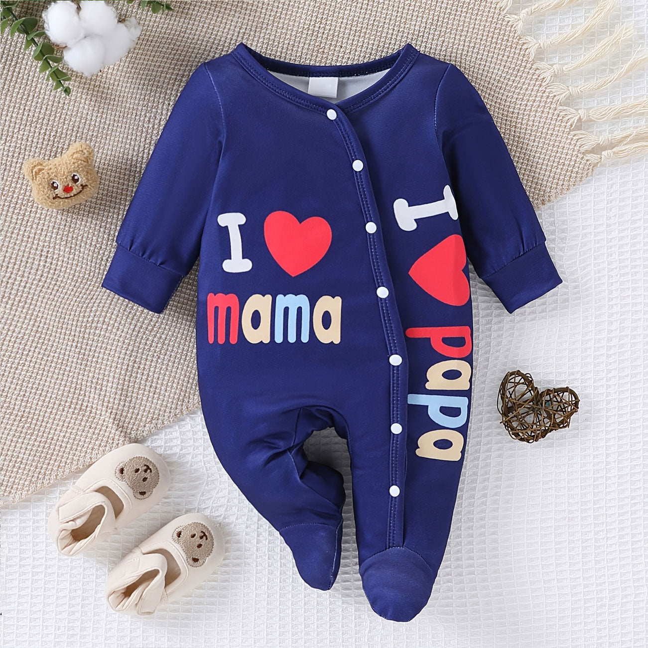 Lovely I Love Mama Papa Letter Printed Long Sleeve Baby Jumpsuit