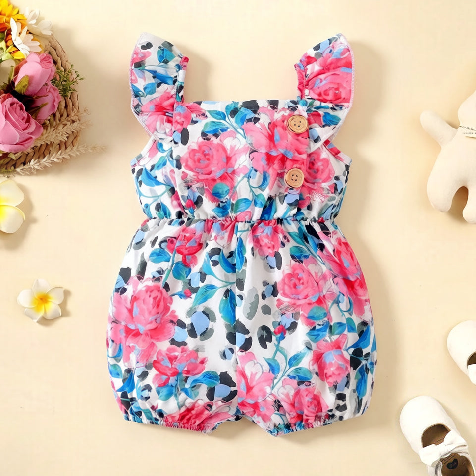 Romantic Floral Printed Flounce Sleeve Baby Jumpsuit