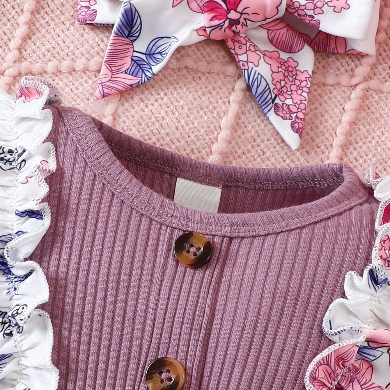 2PCS Floral Print Bow Long Sleeve Baby Girl Jumpsuit