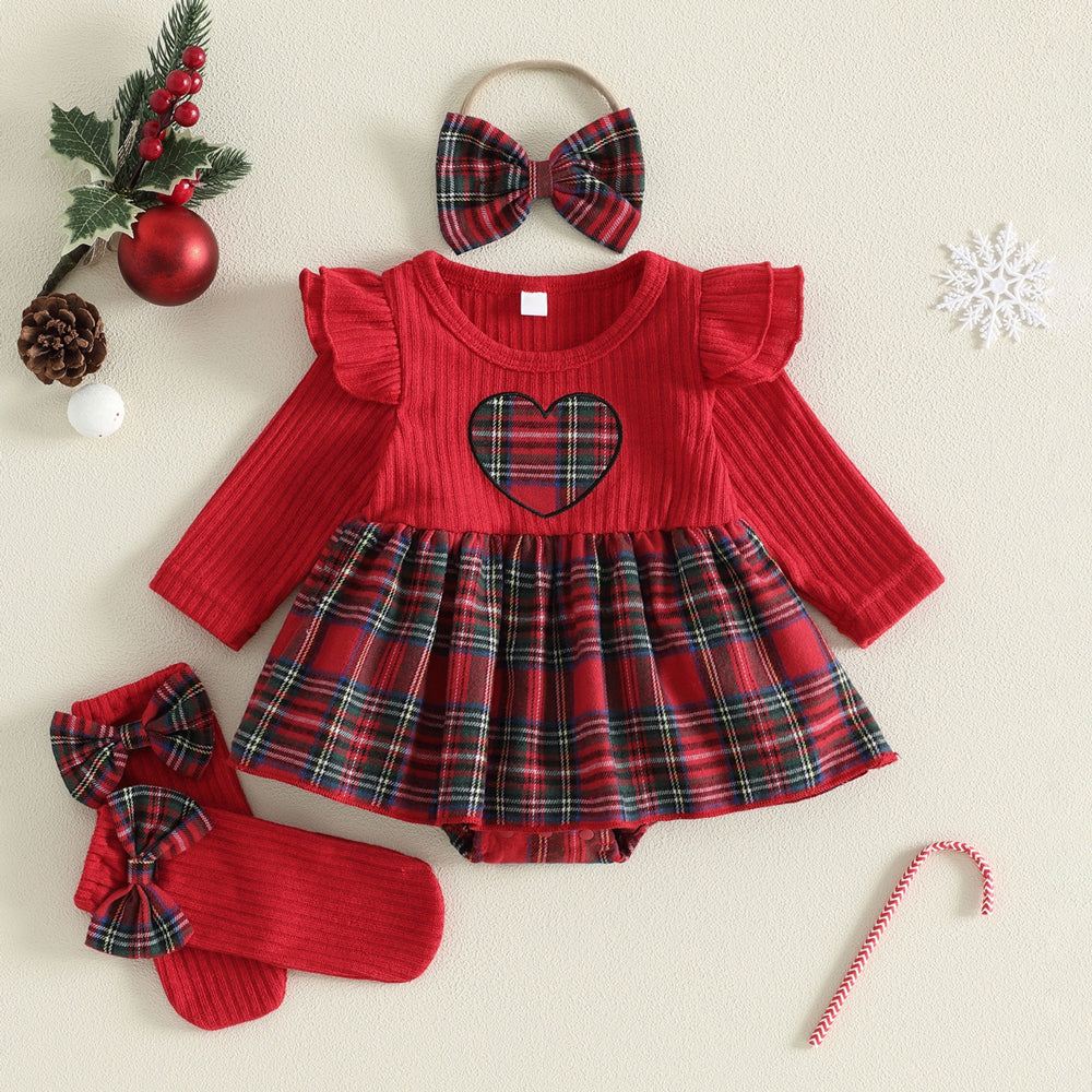3PCS Christmas Heart Plaid Printed Long Sleeve Baby Romper