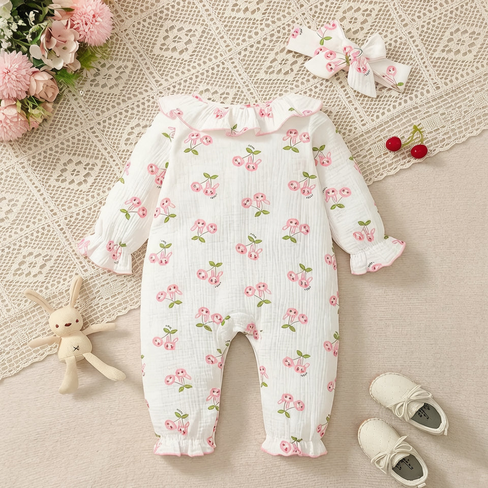2PCS Cute All-Over Cherry Printed Long Sleeve Baby Jumpsuit