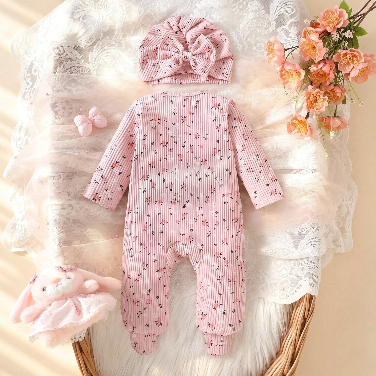 2PCS Charming Ditsy Floral Print Lace Long Sleeve Baby Zipper Jumpsuit
