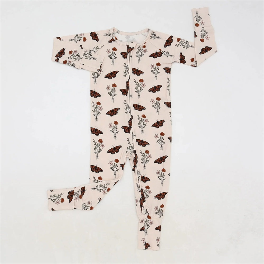 Casual Butterfly Print Long Sleeve Zipper Baby Jumpsuit