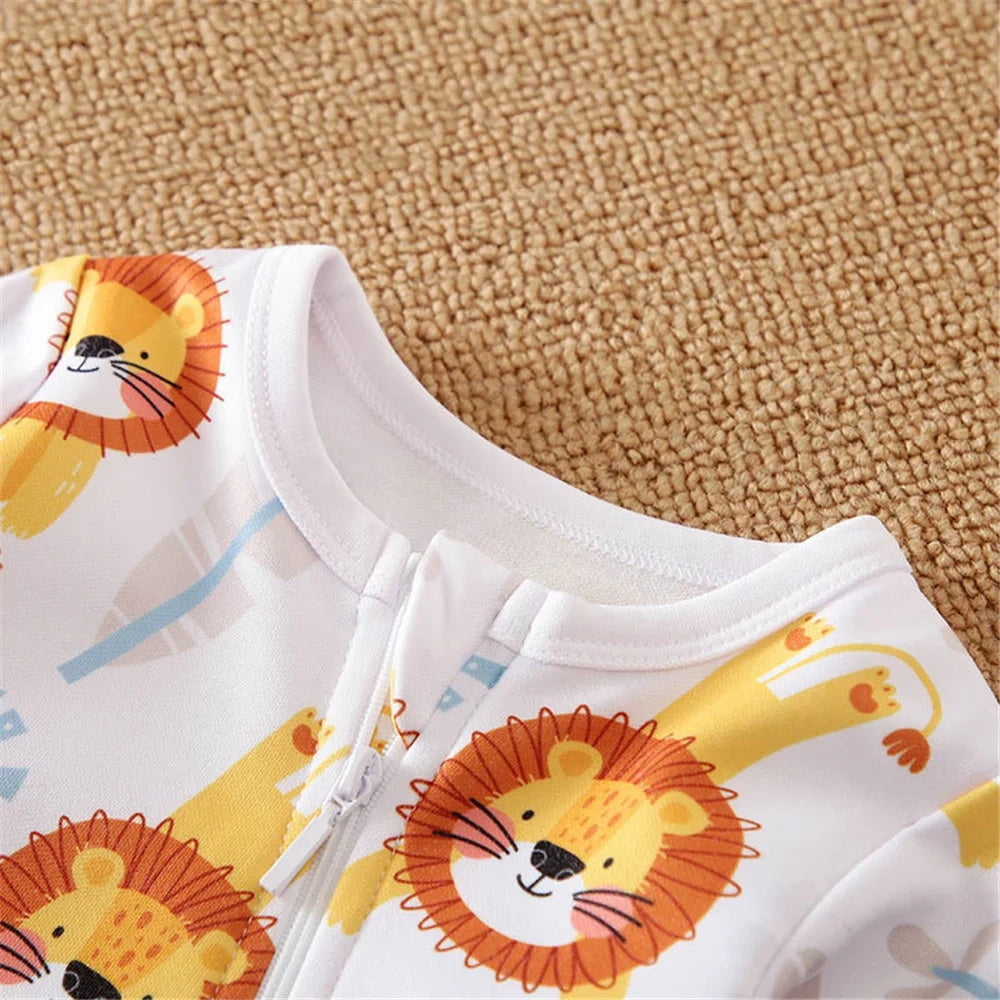 Casual Lion & Plant Printed Long Sleeve Zipper Baby Jumpsuit