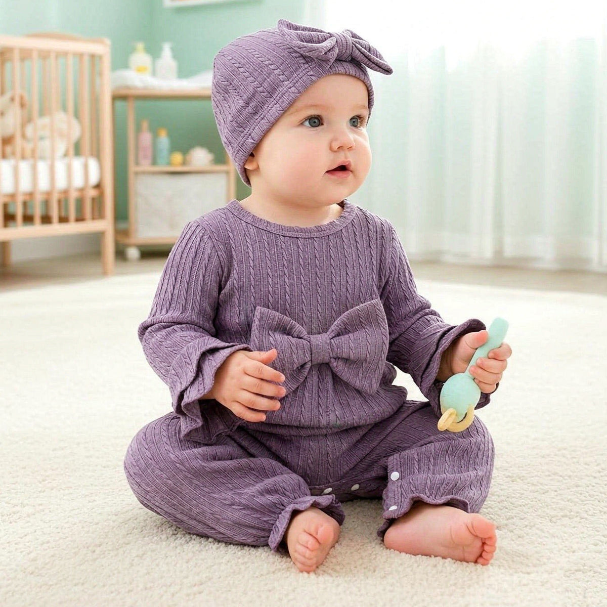 2PCS Winsome Solid Color Long Sleeve Baby Girl Jumpsuit