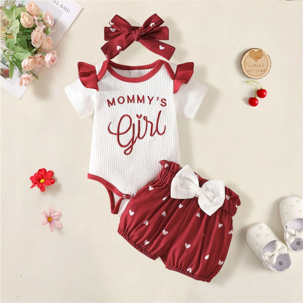 3PCS Mommy's Girl Letter Embroidery Heart Printed Short Sleeve Baby Set