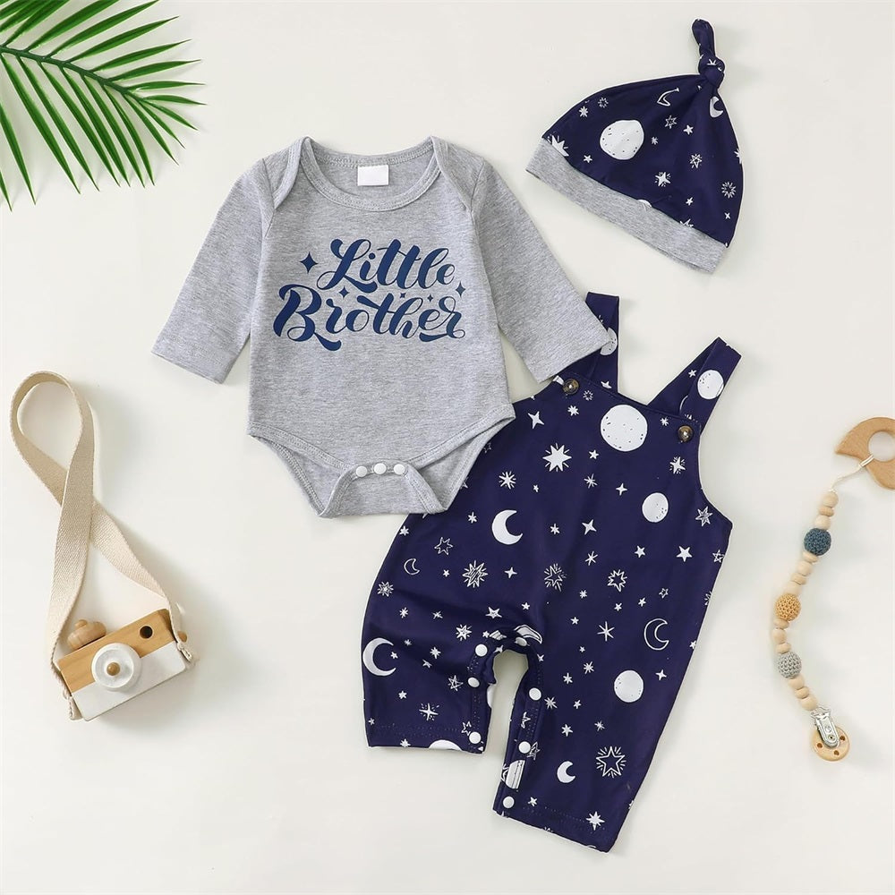 3PCS Little Brother Letter Print Long Sleeve Baby Overalls Set