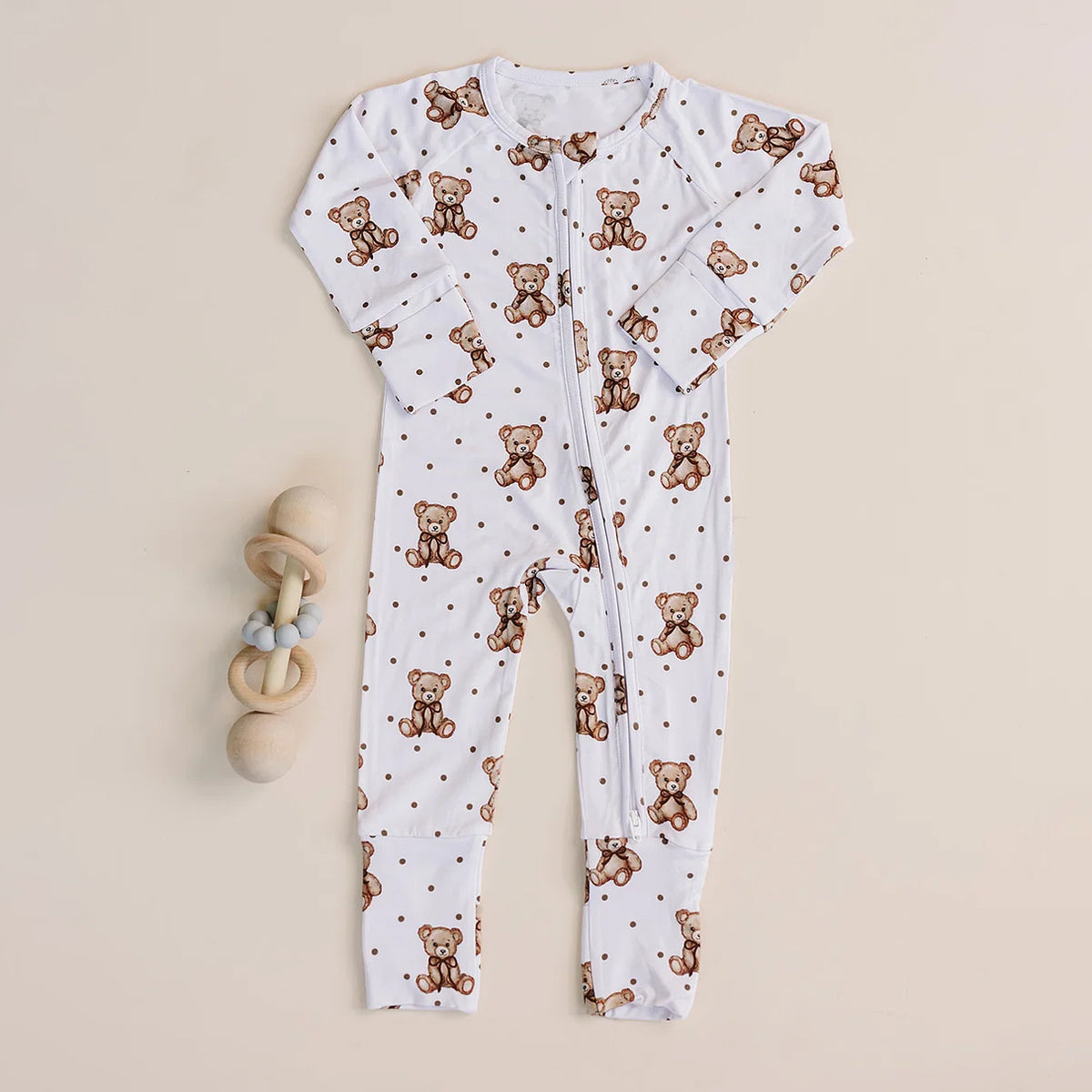 Cozy Teddy Bear Polka Dots Print Zipper Long Sleeve Baby Jumpsuit