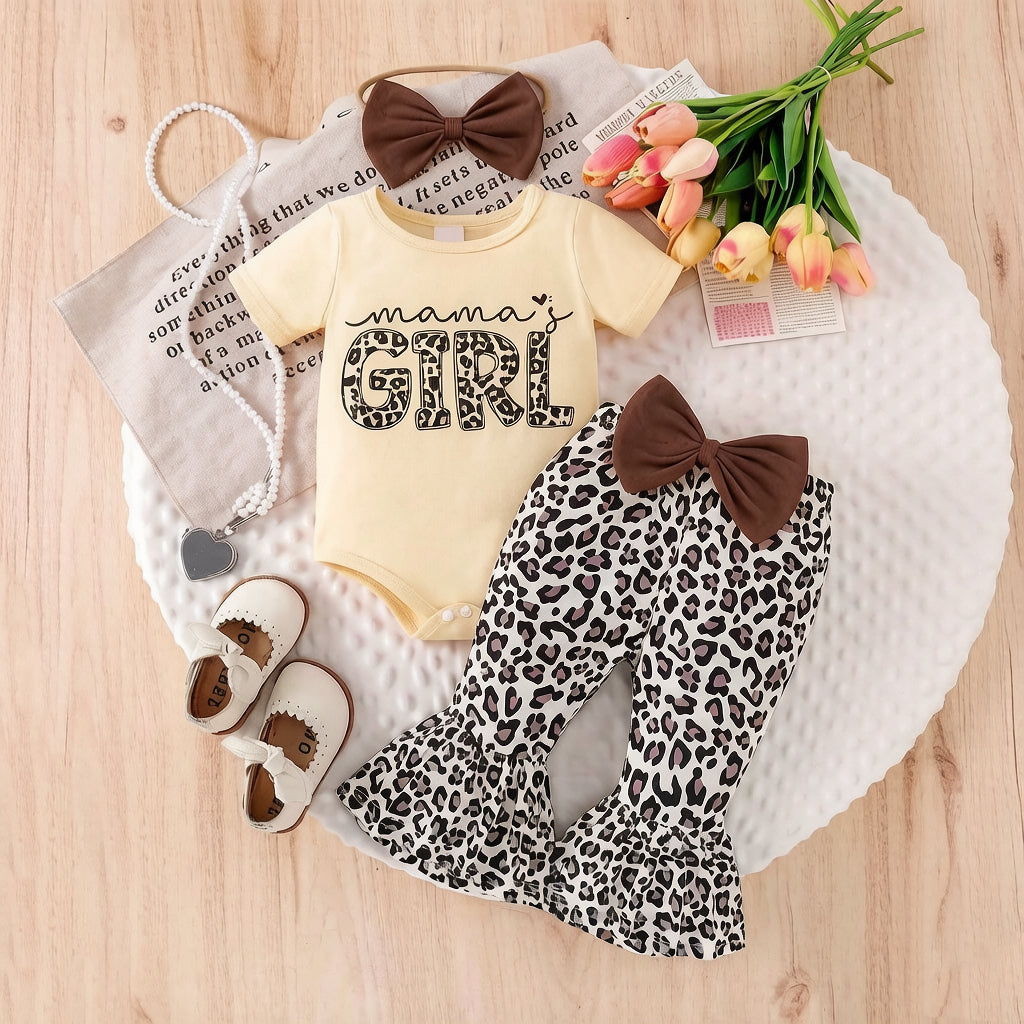 3PCS Chic Mama's Girl Letter Leopard Print Short Sleeve Baby Set