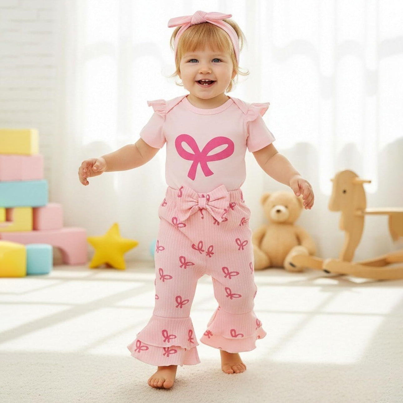 4PCS Cheerful Bow Printed Baby Girl Set