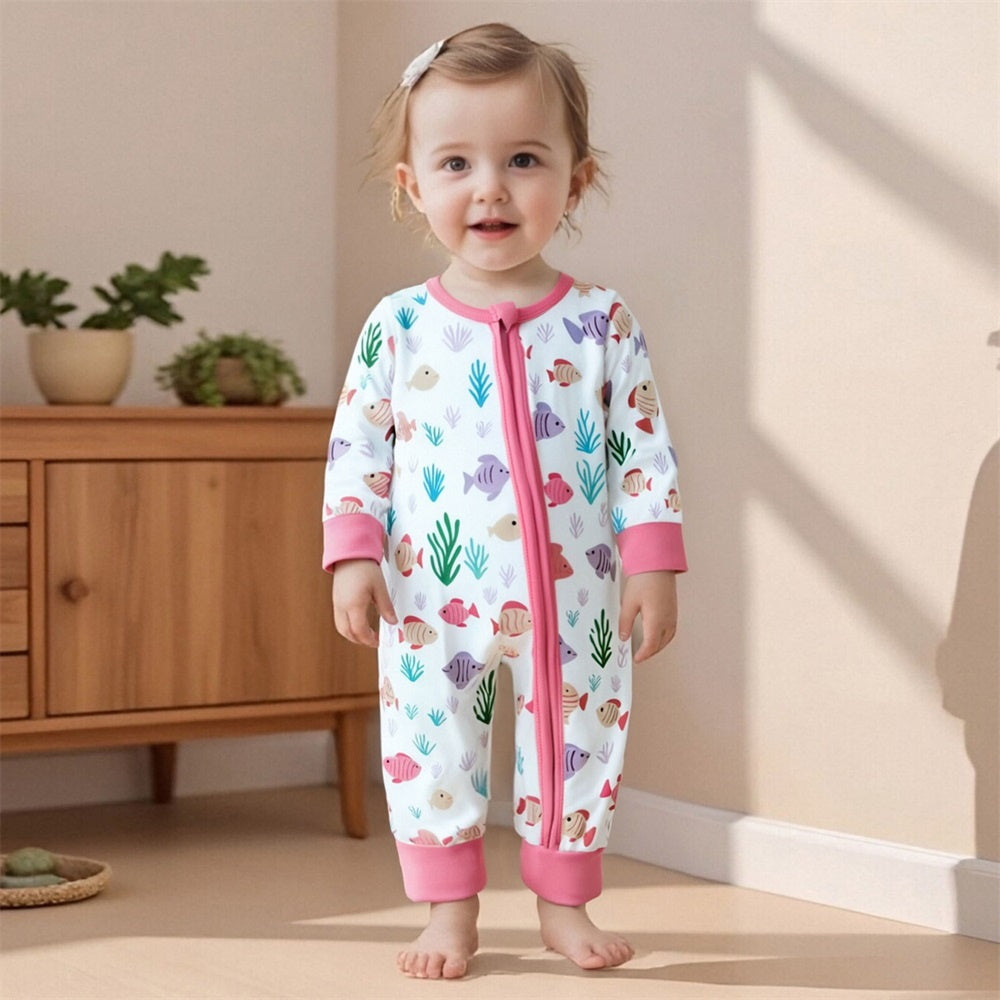 Lovely Fish Print Long Sleeve Zipper Baby Jumpsuit