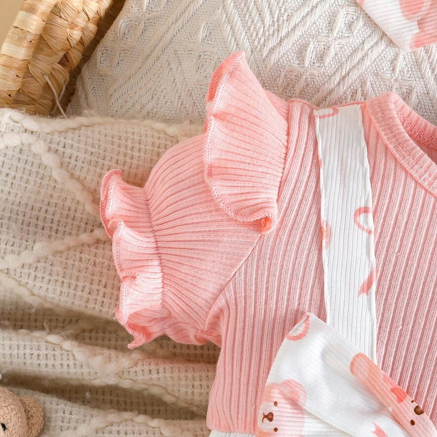 2PCS Cute Teddy Bear & Bow Print Short Sleeve Baby Jumpsuit