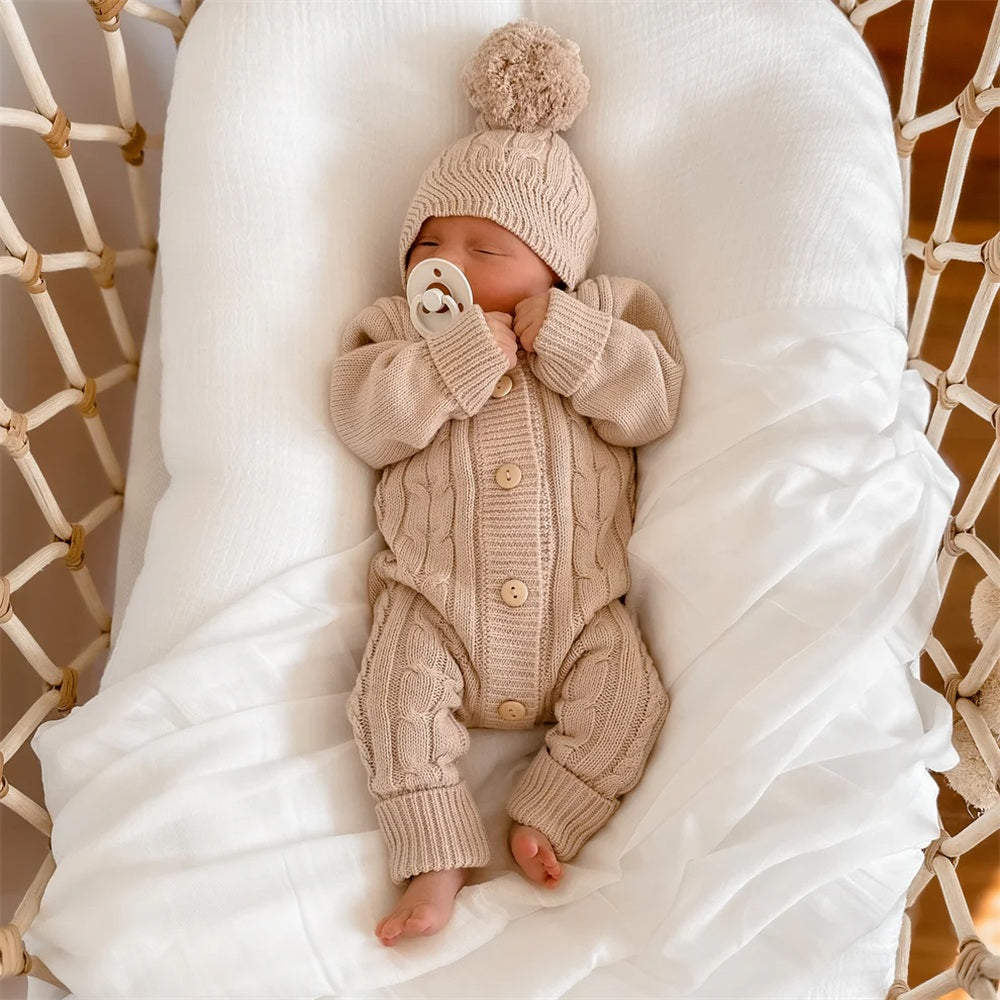 2PCS Cozy Knit Solid Color Long Sleeve Baby Jumpsuit