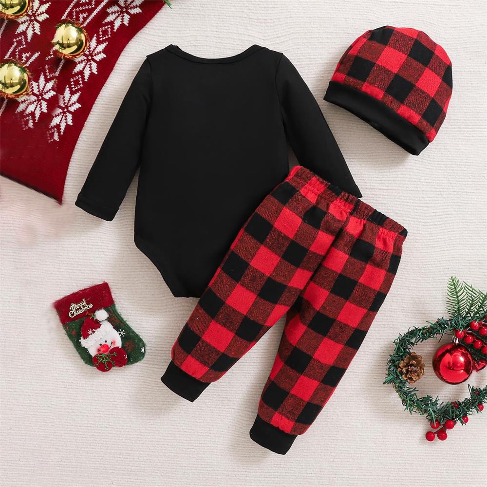 3PCS Merry Christmas Letter Print Plaid Long Sleeve Baby Boy Set