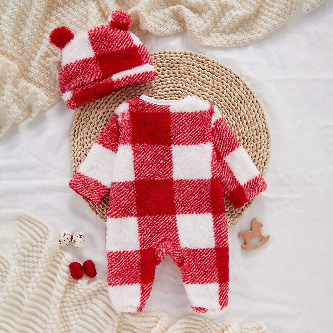2PCS Lovely Santa Applique Plaid Print Fleece Long Sleeve Baby Jumpsuit