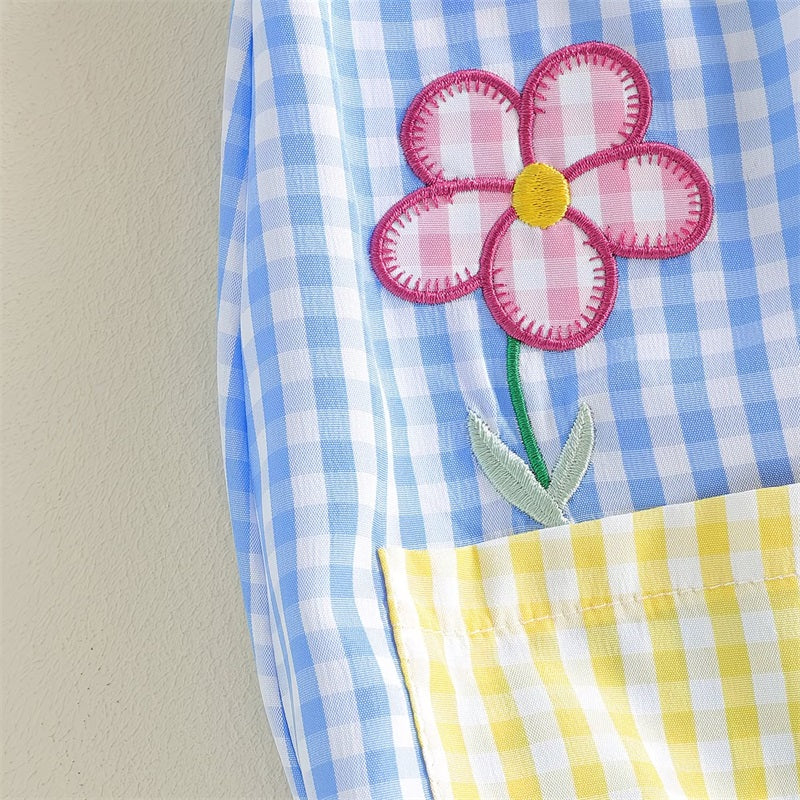 Cute Floral Embroidery Plaid Fly Sleeve Baby Jumpsuit