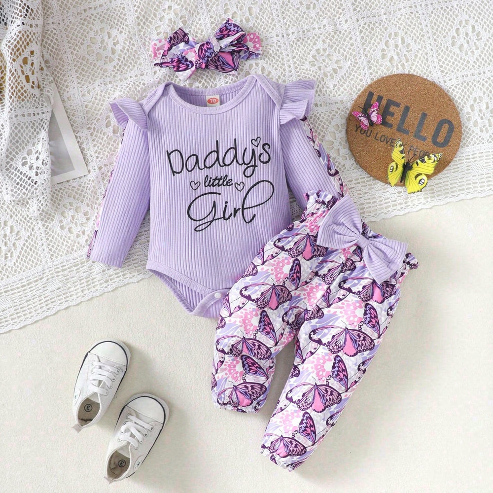 3PCS Pretty Daddy's Little Girl Letter Butterfly Print Long Sleeve Baby Set