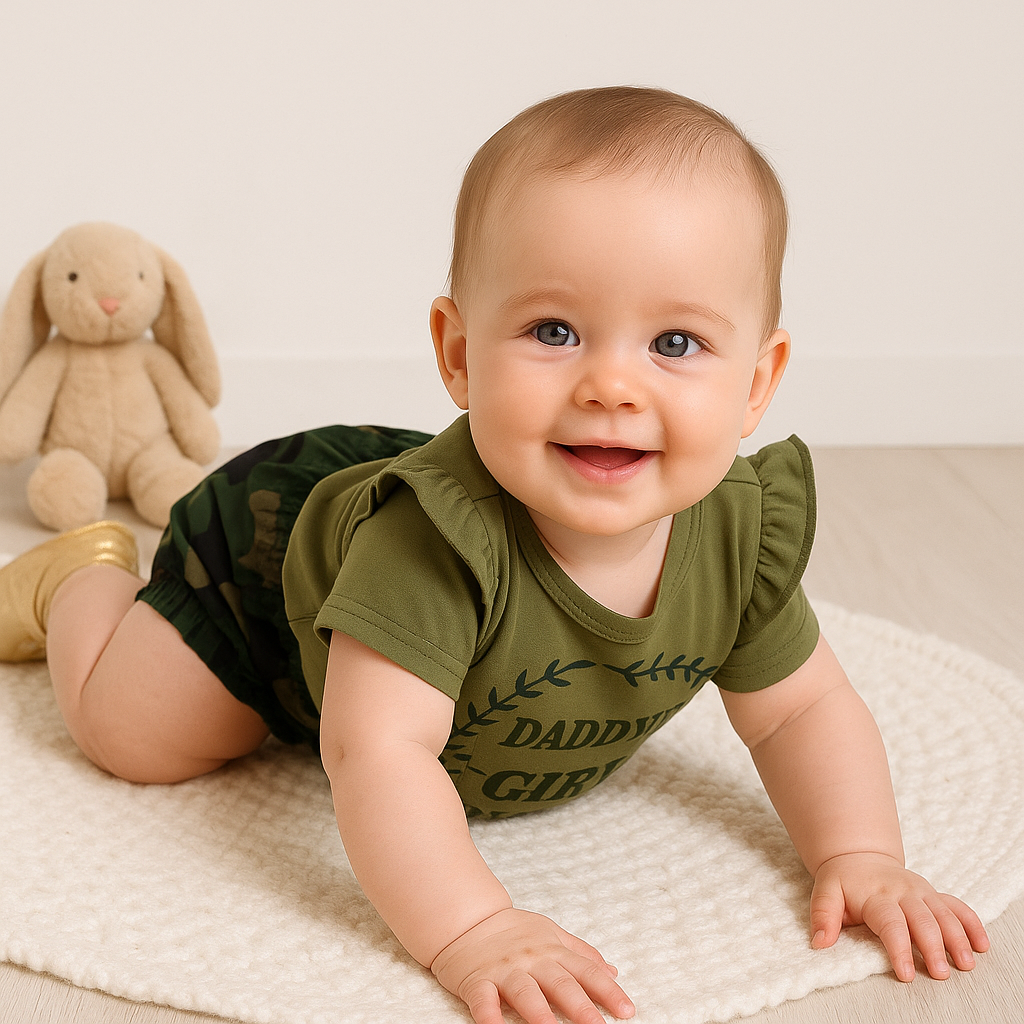 Conjunto para bebé con top con hombros descubiertos y volantes de Daddys Girl y pantalones cortos de camuflaje