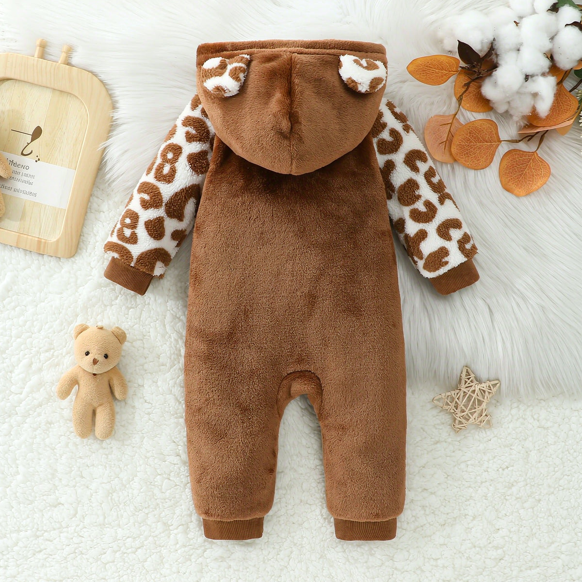Fuzzy Bear Applique Leopard Print Zipper Baby Hoodie Jumpsuit