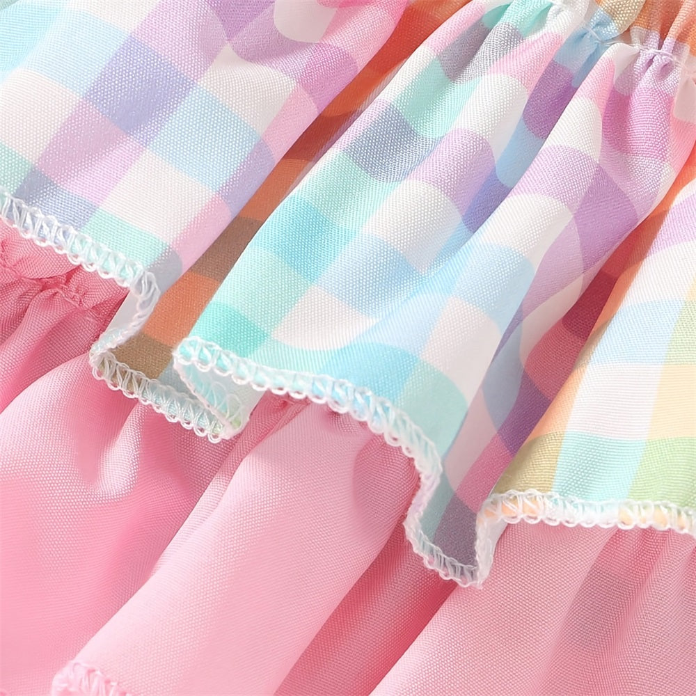 2PCS Sweet Plaid Printed Bow Frill Trim Sleeveless Baby Romper